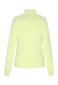 Lichtgroene fleecejas met een hoge kraag en lange mouwen. Kenmerkt zich door een gladde textuur en een rechthoekig label op de achterkant.