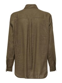 Long-sleeve olive green linen shirt with buttoned cuffs, straight back yoke, and central back pleat, displayed from the back.