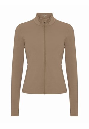 Chaqueta marrón de manga larga, hecha de tejido elástico, con un cuello alto y cierre de cremallera, con una silueta ajustada y costuras planas.
