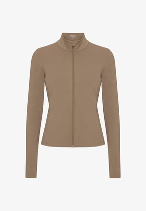 Giacca marrone a maniche lunghe realizzata in tessuto elasticizzato, con colletto alto e chiusura con zip, dal taglio aderente e cuciture piatte.