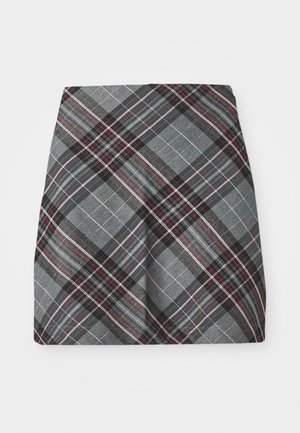 Gray plaid mini skirt featuring intersecting lines in black, red, and blue. Smooth fabric texture with a fitted silhouette.