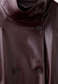Dark brown leather coat with high collar and four large black buttons in a double-breasted style.