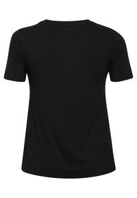 Black short-sleeve t-shirt with a rounded neckline. Smooth, lightweight fabric. No visible patterns or hardware details. Simple design.