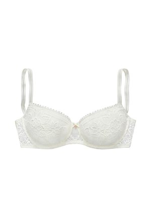 White lace underwire bra with floral pattern, adjustable double shoulder straps, and small central bow detail.