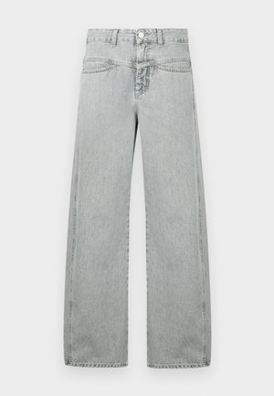 Light gray wide-leg jeans made from denim, featuring a classic five-pocket design and a metal button closure at the waistband.