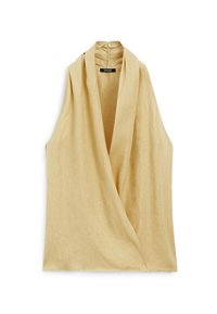 Haut beige sans manches avec un décolleté en V profond, un devant drapé et une texture douce. Présente un col haut et un design minimaliste.