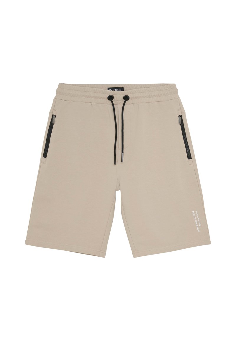 Beige Baumwollshorts mit einem bequemen Taillenbund, Kordelzugverschluss und Reißverschlusstaschen. Mit bedrucktem Text am unteren rechten Bein.