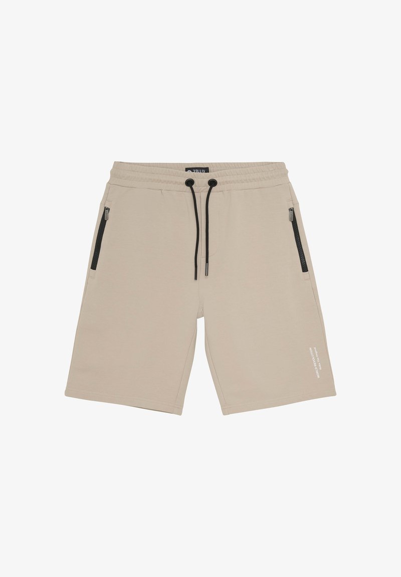 Beżowe bawełniane szorty z wygodnym pasem, zapięciem na sznurek i kieszeniami na zamek. Posiadają nadrukowany tekst na dolnej prawej nodze.