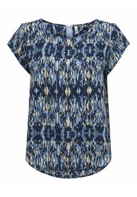 Top de manga corta en tejido azul y beige con patrón abstracto, escote redondeado y dobladillo curvado. Textura suave y diseño ligero.