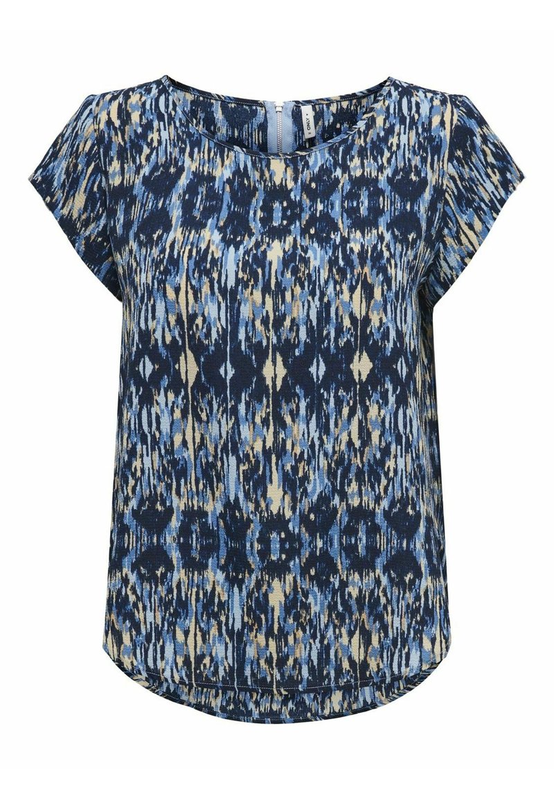 Top de manga corta en tejido azul y beige con patrón abstracto, escote redondeado y dobladillo curvado. Textura suave y diseño ligero.