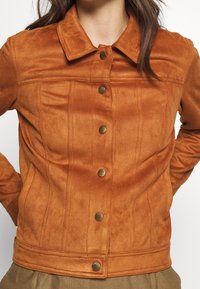 Giacca in suede marrone con colletto, bottoni a scatto, cuciture verticali e tasche laterali. La texture è morbida e leggermente consumata.
