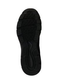 Semelle de chaussure en caoutchouc noir avec une surface texturée. Présente une prise en main à motifs et une forme contourée pour améliorer la traction et la flexibilité.