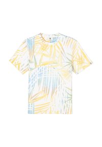 Camiseta de manga corta en algodón ligero con un patrón abstracto en tonos azules, amarillos y verdes sobre un fondo blanco.
