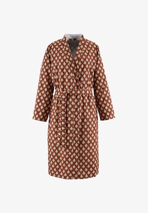 Brown knee-length robe with white floral patterns, long sleeves, shawl collar, and a matching fabric belt tied at the waist.