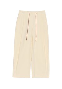 Pantaloni larghi di colore crema con vita regolabile e dettagli plissettati. Tessuto morbido con una silhouette rilassata e lunghezza accorciata.