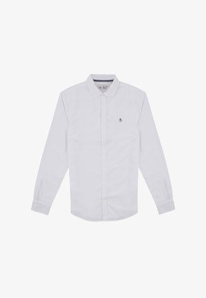 Weißes Langarmhemd aus Baumwolle mit klassischem Kragen, Knopfverschluss und kleinem gesticktem Logo auf der linken Brust.
