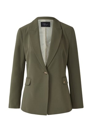 Olive green blazer with a single button closure, notched lapels, two front pockets, and smooth texture. Lined interior.