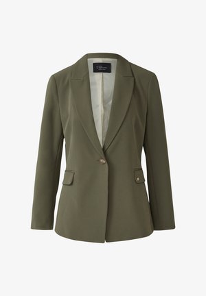 Olive green blazer with a single button closure, notched lapels, two front pockets, and smooth texture. Lined interior.