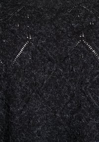 Black knitted sweater with a textured finish, featuring a diamond pattern and flecks of gray throughout the fabric.
