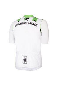 Korte mouwen witte trui met zwarte letters "MÖNCHENGLADBACH," groene accenten en een logo patch onderaan. Slim fit, vochtafvoerend materiaal.
