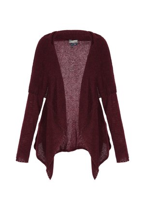 Åben-front, langærmet, strikket cardigan i mørk burgunder med asymmetrisk kant og afslappet pasform.