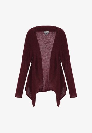 Cardigan en tricot à manches longues et ouverture sur le devant, de couleur bordeaux foncé, avec un ourlet asymétrique et une coupe décontractée.