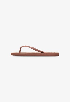 Tongs en caoutchouc marron à semelle plate, dotées de fines lanières et d'une semelle intérieure texturée. Le design est minimaliste avec une finition lisse.