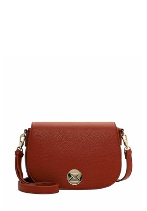Brown leather crossbody bag with a textured finish, rounded shape, and a gold circular clasp accent. Adjustable strap is attached.
