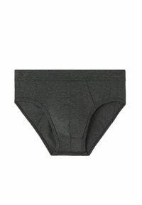 Dunkelgraue Baumwollslips mit glatter Textur, mittelhoher Taille, konturierender Vorderseite und ohne sichtbare Muster oder Akzente.