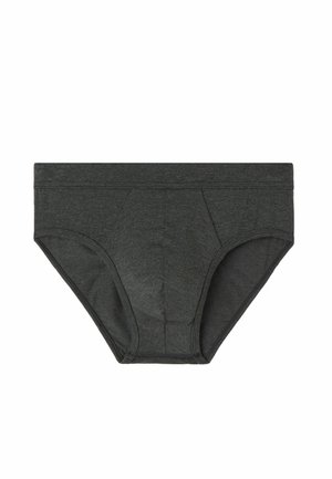 Donkergrijze katoenen slips met een gladde textuur, voorzien van een middelhoge taille, een contourerende voorpannel en zonder zichtbare patronen of accenten.