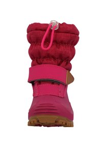 Stivaletto impermeabile rosa con suola in gomma testurizzata, parte superiore imbottita, cordino elastico regolabile e cinturino con chiusura a velcro per una vestibilità sicura.