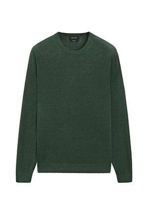 Maglione verde scuro a maniche lunghe con scollo rotondo, polsini e orlo a coste, realizzato in tessuto a maglia fine.