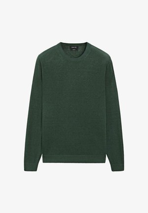 Dunkelgrüner Pullover mit Rundhalsausschnitt und langen Ärmeln, versehen mit gerippten Bündchen und Saum, hergestellt aus feinem Strickstoff.