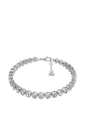 Silberarmband mit runden klaren Edelsteinen, die in verbundenen zirkularen Fassungen eingefasst sind, und einem Karabinerverschluss mit verstellbarer Kette und kleinem Anhänger.