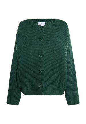 Grüne geribbelte Strickjacke mit V-Ausschnitt, sechs Knöpfen auf der Vorderseite und lässigen Ärmeln. Sanfte Textur mit horizontalen Linien.