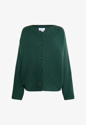 Zöld bordázott kardigán, V-nyakkivágással, elöl hat gombbal és laza illeszkedésű ujjakkal. Puha textúra, vízszintes vonalakkal.