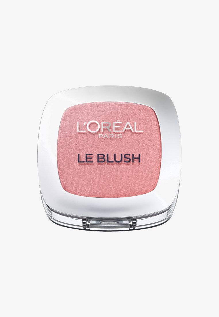 L'Oréal Paris Le Blush w kompakcie o gładkim, jasnoróżowym odcieniu i subtelnym połysku; ma przejrzystą bazę i srebrne akcenty.