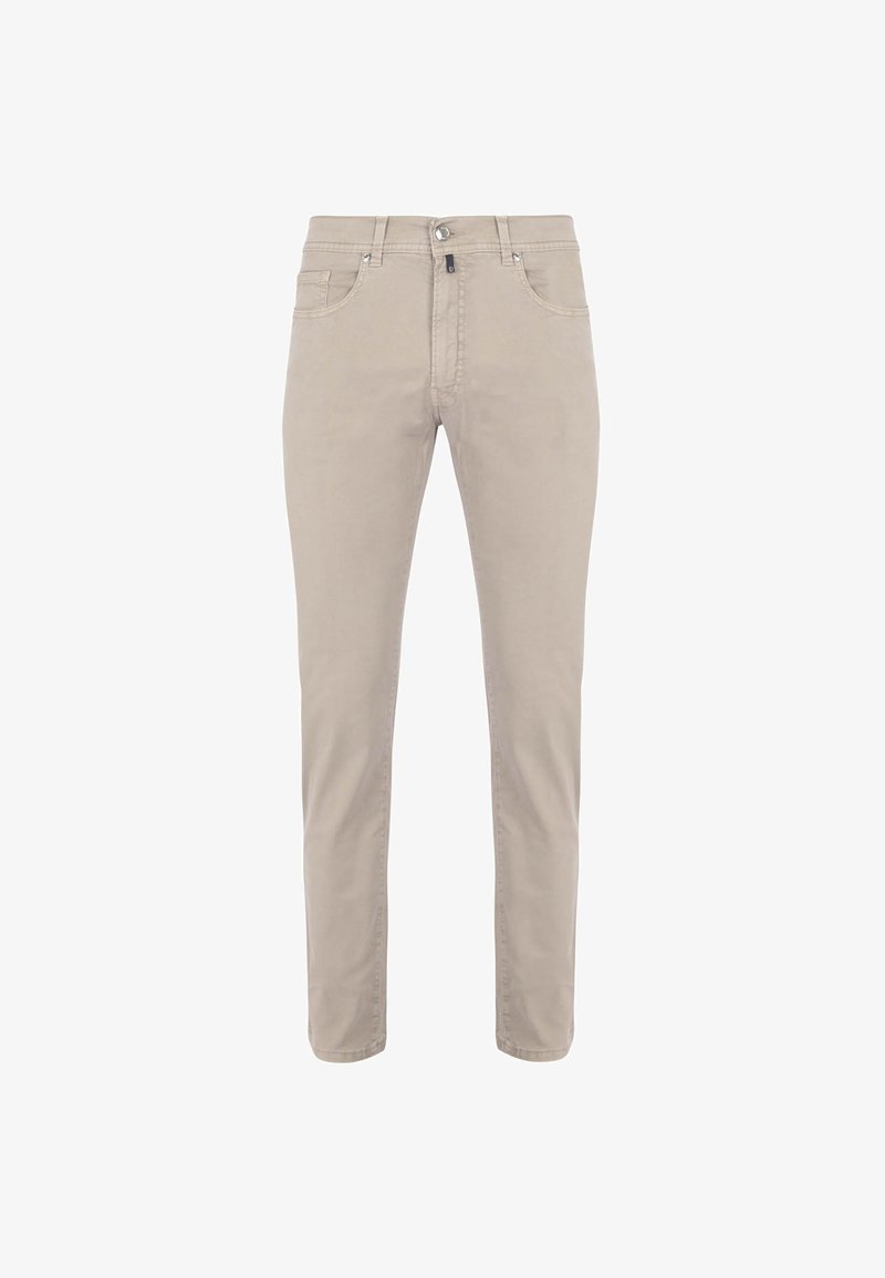 Beige slim-fit broek van een katoenmix, met een knoopsluiting, vijf zakken en een gladde textuur met subtiele stikdetails.