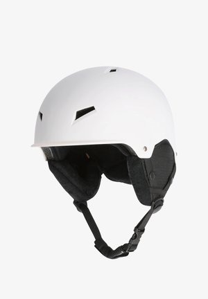 Casque blanc au design épuré, avec des aérations et un intérieur rembourré noir. Équipé d'une sangle de menton réglable et de couvre-oreilles doux pour le confort.