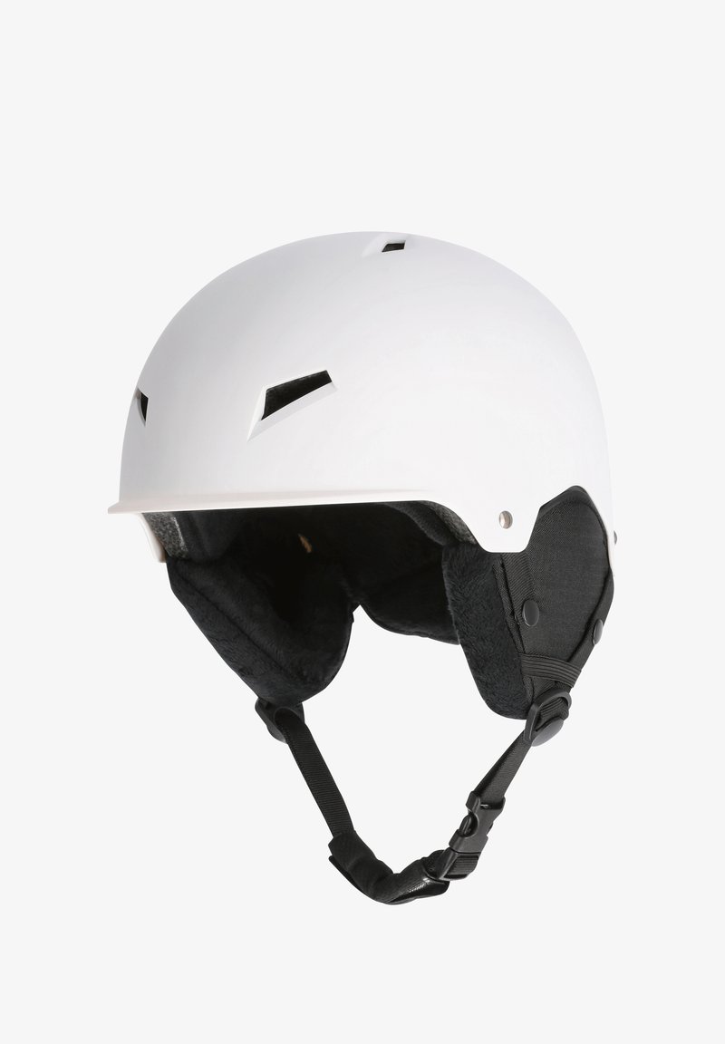Vit hjälm med en slank design, ventilationsöppningar och svart vadderad inredning. Utrustad med justerbart hakband och mjuka öronöverdrag för komfort.