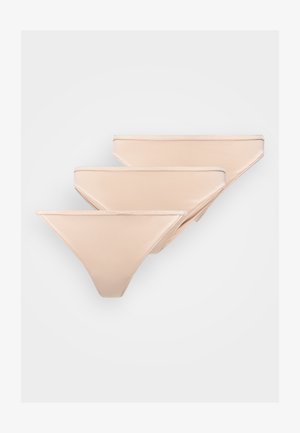 Trois sous-vêtements bikini pour femmes beige avec bandes élastiques à la taille, disposés en chevauchement sur un fond blanc.
