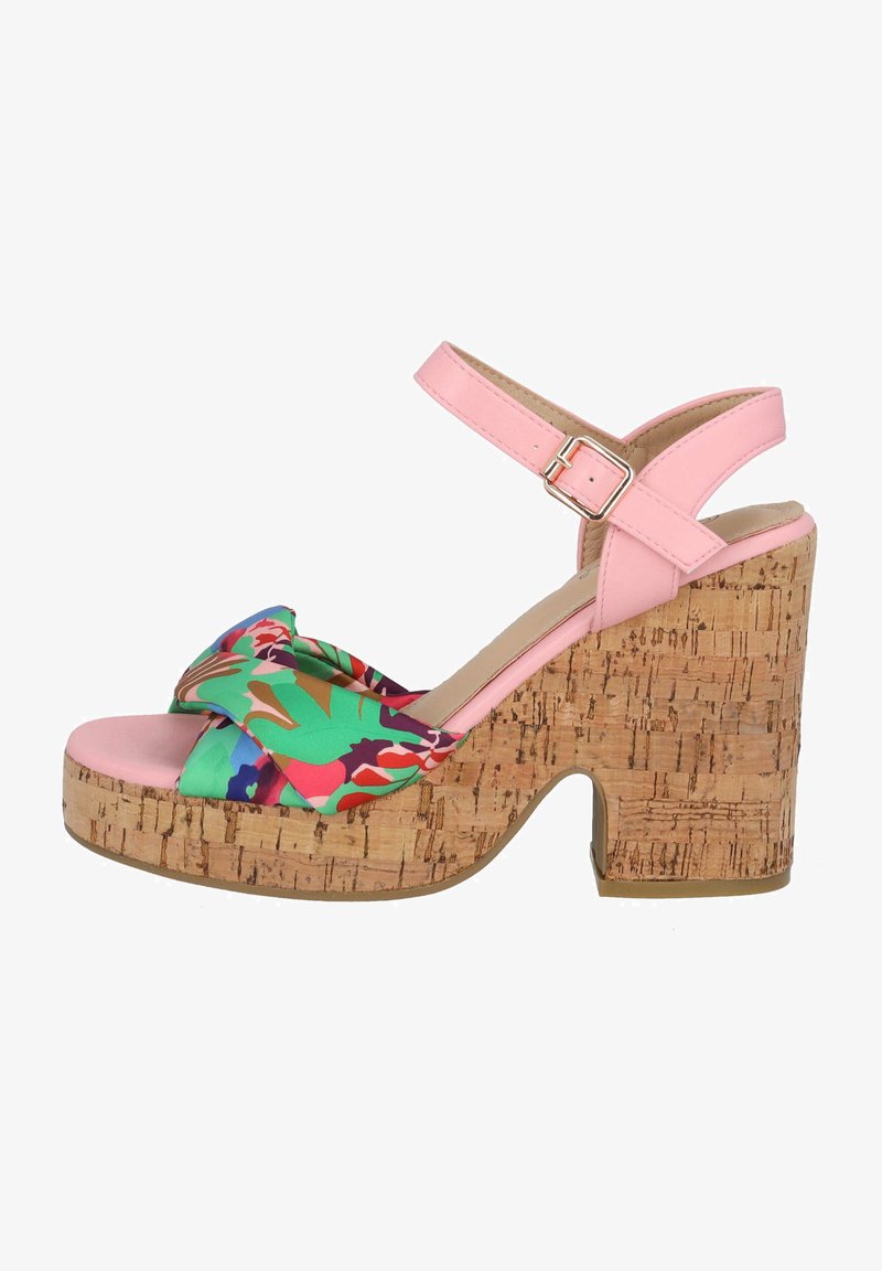 Roze enkelband platform sandaal met een kurken wig, met een kleurrijke bloemenstof strik bovenop en een gladde roze teband.