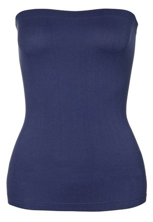 Navyblauwe strapless top van rekbaar materiaal, met een gladde textuur en een aansluitend ontwerp, met een recht afgeknipte halslijn en zoom.