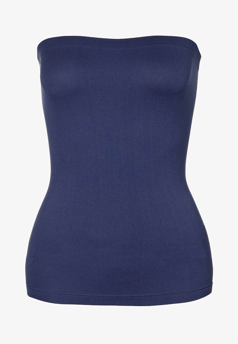 Marinblå axelbandslös topp gjord av stretchigt material, med en mjuk yta och figurnära design, med rak skärning vid halsringning och fåll.