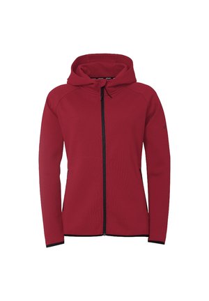 Red hooded jacket with black zipper and trim, long sleeves, and two side pockets, shown on white background.