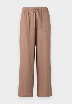 Pantalones de lino de piernas anchas en color marrón claro con cintura elástica y cordón. Presentan una textura suave y un corte a la altura del tobillo.