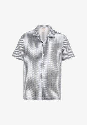 Hemd met korte mouwen in wit en marineblauw met een geometrisch patroon. Voorzien van een notch-kraag en een knoopsluiting aan de voorkant. Van lichtgewicht stof.
