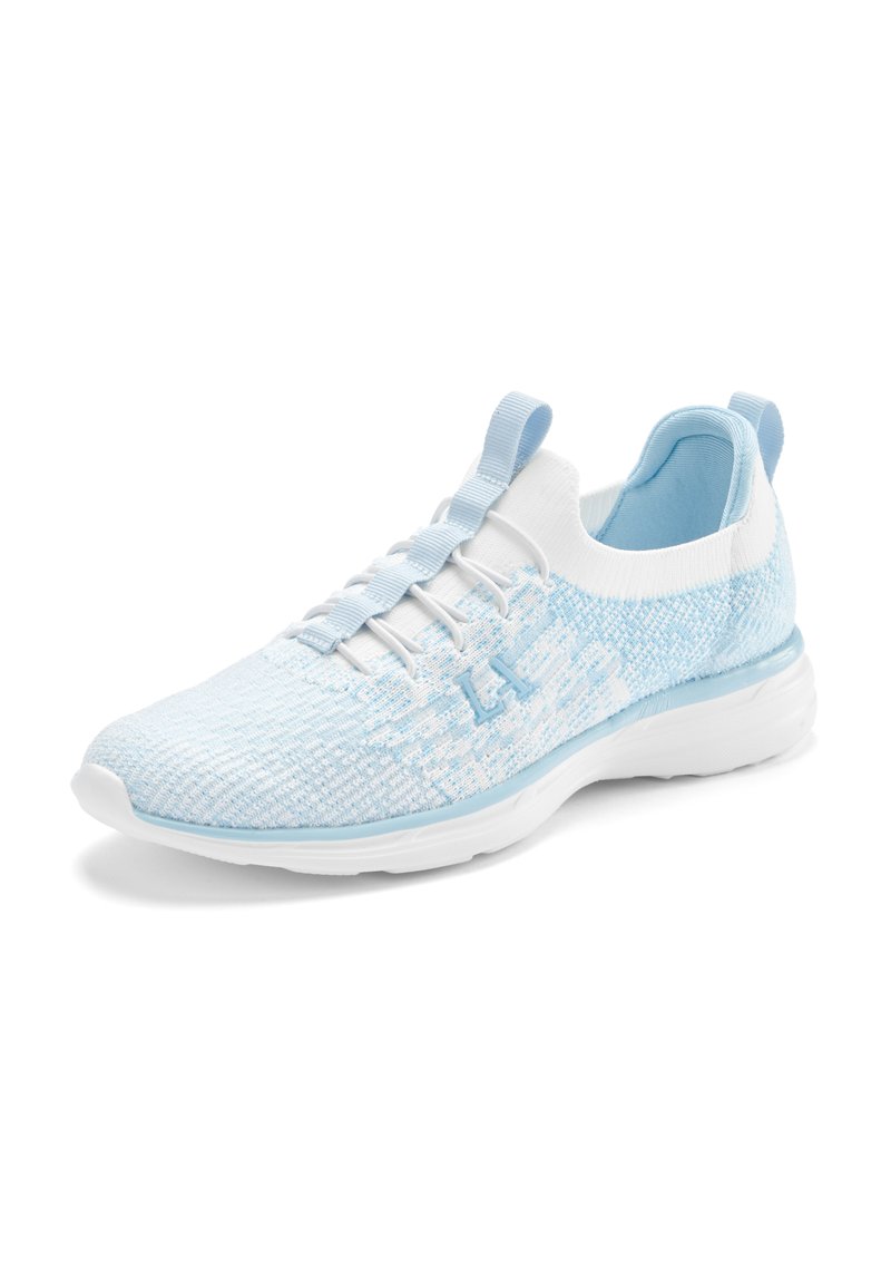 Light blue athletic shoe made of mesh material, featuring a textured upper, elastic laces, and a cushioned white sole.