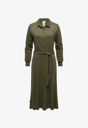 Olivgrünes Hemdkleid aus weichem Stoff, mit langen Ärmeln, durchgehender Knopfleiste und einem gebundenen Taillengürtel für anpassbare Passform.
