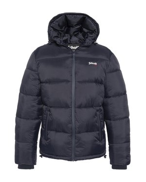 Granatowa kurtka puchowa z kapturem, z zamkiem z przodu, dwoma bocznymi kieszeniami, ściągaczami na mankietach oraz logo Schott NYC na klatce piersiowej.